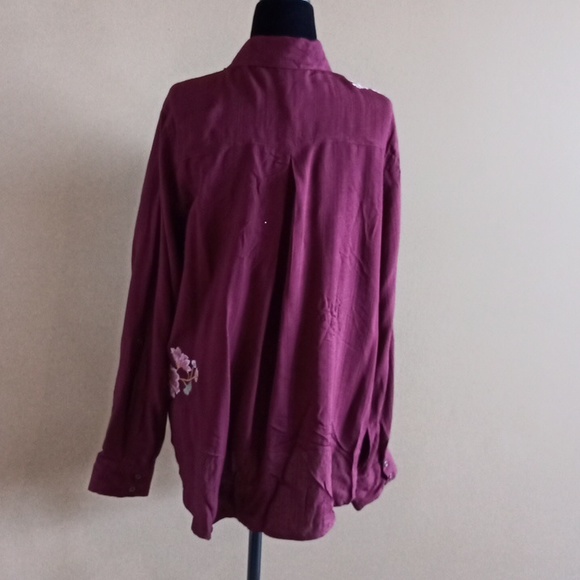 Sz L Know Rose Embroidered Rose Long Sleeve Button Linen Blend Top - Picture 5 of 15